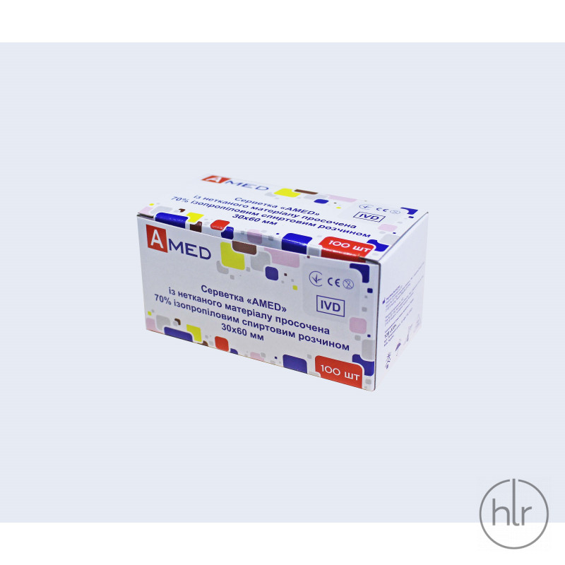 Серветка «AMED» із нетканого матеріалу просочена 70% ізопропіловим спиртовим розчином, 30х65мм. №100